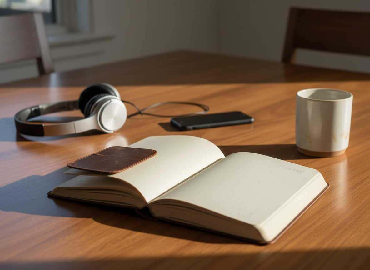 A minimalist, well-worn hardcover journal lying open on a walnut dining table, its blank cream pages catching subtle impressions of ambient light. Around it, a few everyday objects of modern life—sleek wireless headphones, a slim black smartphone face-down, a ceramic mug with faint tea stains—are casually arranged, hinting at reflection more than productivity. Late-afternoon natural light filters in from an unseen window, creating soft, elongated shadows and a calm, contemplative mood. Shot at eye level with a shallow depth of field, the focus rests on the empty page, while the background fades into a gentle blur. The photographic realism is clean and sophisticated, suggesting space for one’s own opinion in a noisy world without feeling staged or corporate.