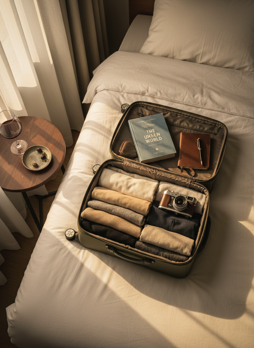 A small, carefully packed carry-on suitcase lying open on a linen-covered bed in a simple boutique-style room. Inside, neatly folded neutral-toned clothing, a well-worn paperback novel, a slim travel journal with a pen tucked inside, and a compact analog camera sit in deliberate order. On the bedside table nearby, a half-drunk glass of red wine and a tiny plate with olive pits suggest a quiet evening alone. Warm golden-hour sunlight filters through sheer curtains, bathing the scene in a soft, sophisticated glow and casting gentle shadows along the fabric folds. Shot from a directly overhead, bird’s-eye perspective with crisp detail and subtle vignetting at the edges, the photographic realism evokes thoughtful travel, personal rituals, and the reflective side of seeing the world.