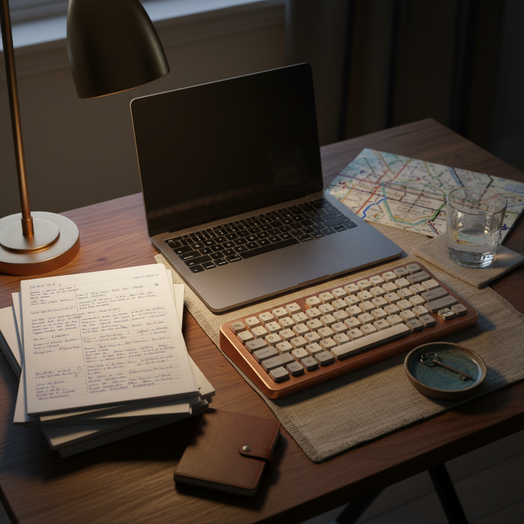 An elegantly cluttered walnut desk in a home workspace, capturing the friction of modern work and life: a slim laptop with its screen dimmed, a stack of printed pages with handwritten notes in the margins, a vintage-style mechanical keyboard, and a small ceramic dish holding a single, distinctive house key. Beside them, a glass of water with condensation rests on a linen coaster, and a subway map peeks out from under a notebook. Early evening desk-lamp light casts a warm pool over the center of the desk while the room behind falls into cool shadow, creating a contemplative, slightly introspective mood. Photographed from a three-quarter overhead angle with a shallow depth of field, the sophisticated, realistic aesthetic emphasizes the texture of paper and wood, evoking considered opinions in a busy, urban life.